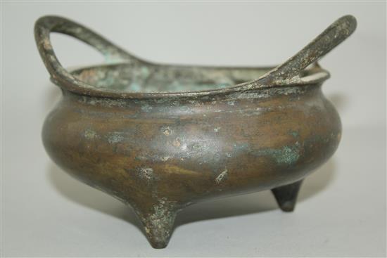 A Chinese bronze ding censer, sixteen character Xuande mark, 19th century or later, width 15.5cm